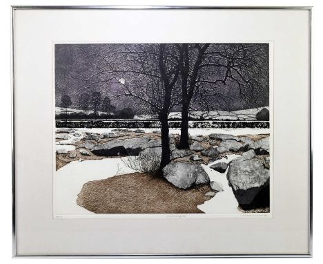 † PHILIP GREENWOOD; limited edition print, ‘Snow Night’, signed and dated lower right, 4/150, 56 x 45cm, framed and glazed.