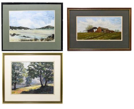 ROLAND JOHNSON; watercolour, landscape scene, 34 x 45cm, and an oil on board farm buidlings by R Salmon, 14 x 27cm, and a fur