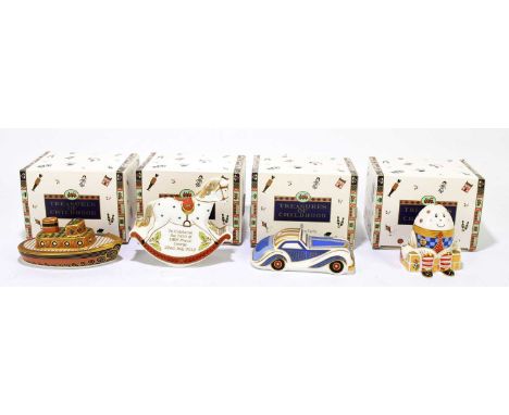 ROYAL CROWN DERBY; four paperweights from the Treasure of Childhood series, to include ‘Tug Boat’, ‘Car’, ‘Humpty Dumpty’, et