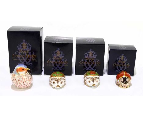 ROYAL CROWN DERBY; four animal form paperweights, to include ‘Chaffinch’, ‘Strawberry, ‘Holly’, etc, each boxed (4).Condition