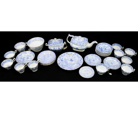 A 19th century blue and white part harlequin tea service decorated in the variant of the 'Willow' scene, various pieces to in