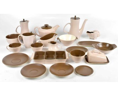 POOLE POTTERY; an eighty-four piece part dinner and tea service to include a teapot and cover, a coffee pot and cover, a hot 