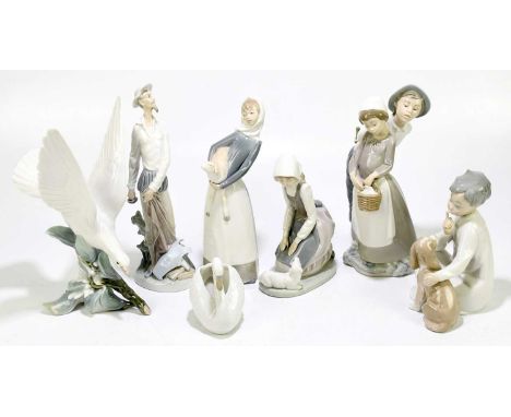 LLADRO; four boxed figures to include Don Quixote, height 29cm, Turtle Dove, etc, together with two Nao figures and a model o