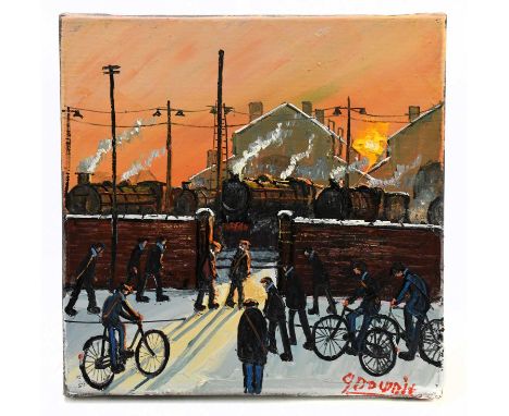† JAMES DOWNIE (born 1949); oil on canvas, 'The Engine Yard', signed, 30 x 30cm, unframed.Condition Report: Light wear to the