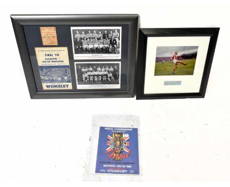 A framed montage depicting a photograph and signature of Sir Stanley Matthews, overall 29 x 28cm, and a montage of Blackpool 