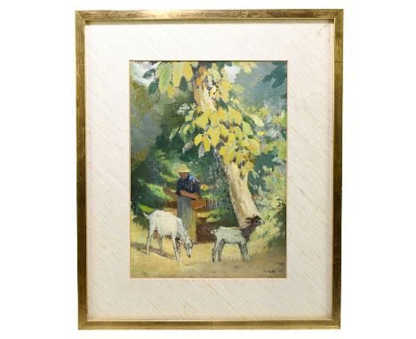 PIERRE ADOLPHE VALETTE (FRENCH 1876-1942); oil on board, goat and goat herd under trees, signed lower right, 33 x 24cm, bears