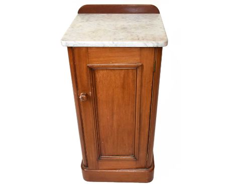 A Victorian marble top pot cupboard, the single panelled door enclosing fixed shelf, height 80cm.