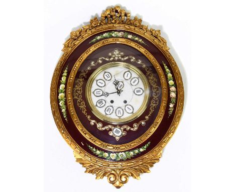 NACAR; a modern 18th century style decorative wall clock, the oval frame with scroll detailing and painted with flowers, heig