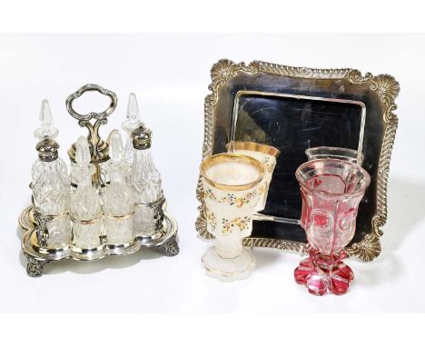 Two 19th century Bohemian goblets to include a cranberry overlaid example decorated with a hunting scene, height 16.5cm, toge