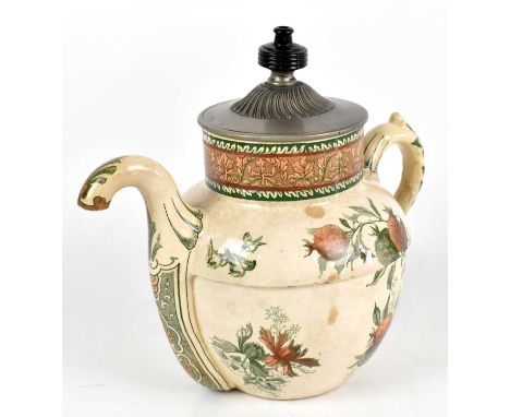 DOULTON; a Royle's patent self-pouring teapot, numbered 63527, with pewter and ebonised cover, height 20cm.Condition Report: 
