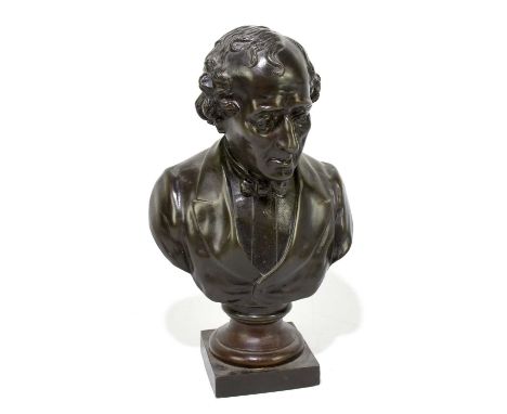 A late 19th century bronzed spelter bust of Charles Dickens, with indistinct moulded signature verso, Fletcher, and dated 187