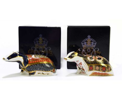 ROYAL CROWN DERBY; two animal form paperweights modelled as badgers, comprising ‘Moonlight Badger’ and ‘Old Imari Badger’, fi