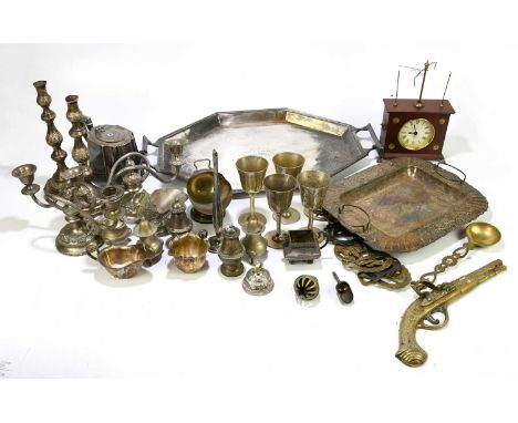 A small group of silver plated metalware including a shaped twin handled tray, a teapot, etc.