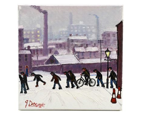 † JAMES DOWNIE (born 1949); oil on canvas, 'Going to Work', signed, 30 x 30cm, unframed.Condition Report: Light wear to the c