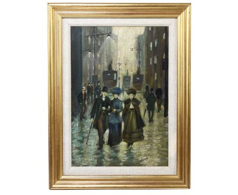 † ARTHUR DELANEY (1927-1987); oil on board, Manchester street scene with figures and carriages, signed lower left, 33 x 23cm,