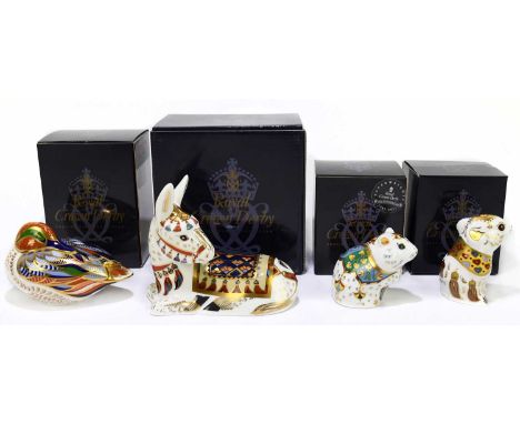 ROYAL CROWN DERBY; four animal form paperweights comprising ‘Field Mouse’, ‘Hamster’, ‘Donkey’, ‘Teal’, designed by Sue Rowe,