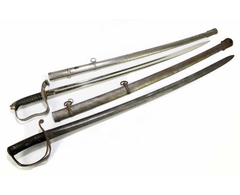 A British cavalry sabre, with scabbard, with a later sabre with indistinct name to the blade and with wirebound shagreen type