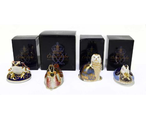 ROYAL CROWN DERBY; four animal form paperweights comprising ‘Baikal’, ‘Teal’, ‘Spaniel’, ‘Frog’, each boxed (4).Condition Rep