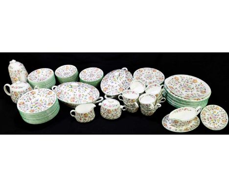 MINTON; a ninety-three piece 'Haddon Hall' pattern tea and dinner service comprising teapot, coffee pot, cake plate, twelve c