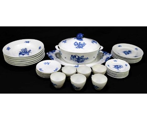 ROYAL COPENHAGEN; a thirty piece blue and white part tea and dinner service with floral detail, various pieces to include a t