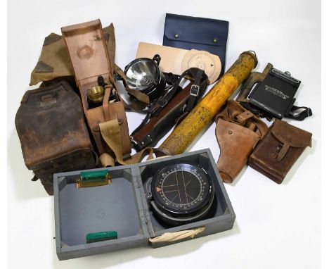 An assortment of military instruments, empty cases and accessories to include a Type P.10 gimballed compass, number 27368 B, 