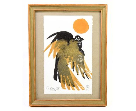 † GEOFFREY KEY (born 1941); pencil signed limited edition print, birds under orange moon, 15/40, signed and dated ’88, sheet 