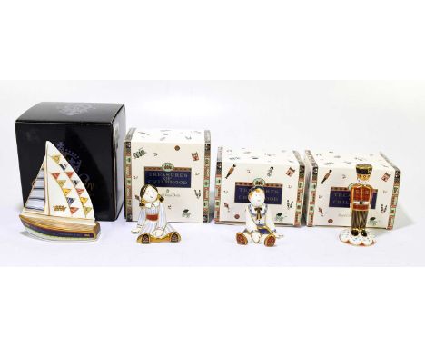 ROYAL CROWN DERBY; three paperweights from the Treasures of Childhood series, to include ‘Soldier’, ‘Rag Doll’, also a Royal 