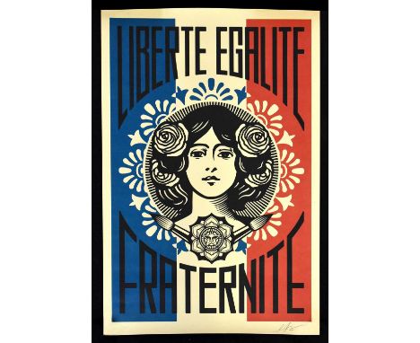 SHEPARD FAIREY (born 1970); pencil signed offset lithograph print on thick cream speckle tone paper, 'Liberté, Egalité, Frate