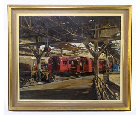 † ERNEST BURNETT HOOD (Scottish 1932-1988); oil on canvas, 'The Original Glasgow Underground Maintenance Depot', signed with 