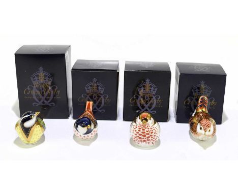 ROYAL CROWN DERBY; four animal form paperweights modelled as birds, to include ‘Great Tit’, ‘Redpoll’, etc, each boxed (4).Co