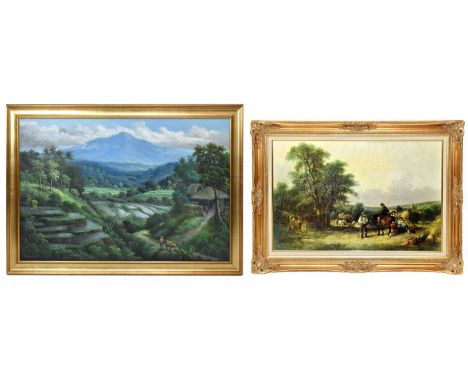 VIETNAMESE SCHOOL; modern oil on canvas, landscape with figures, thatched cottages and mountains in the distance, indistinctl