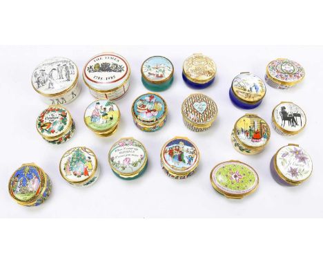 A collection of eighteen Halcyon Days and Bilston &amp; Battersea enamel trinket boxes, various scenes to include golfing, a 