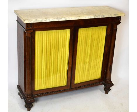 A 19th century marble topped rosewood chiffonier, with a pair of glazed doors enclosing shelves, width 100cm, depth 36cm, hei