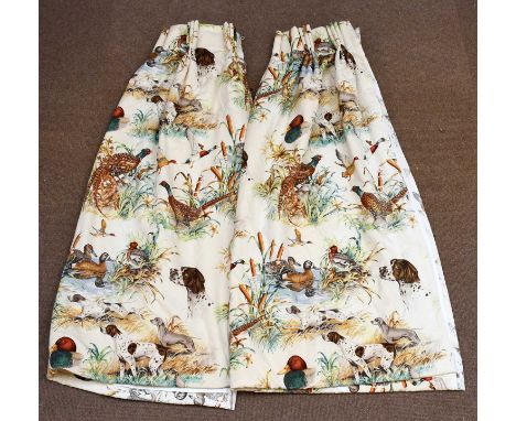 Two pairs of lined and interlined cotton Country House curtains, decorated throughout with wild fowl and hunting dogs, one pa