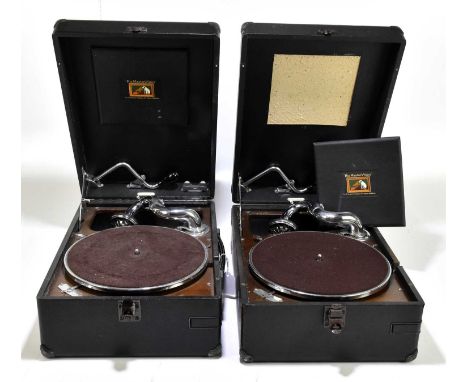 HIS MASTER'S VOICE; two vintage wind-up portable gramophones.