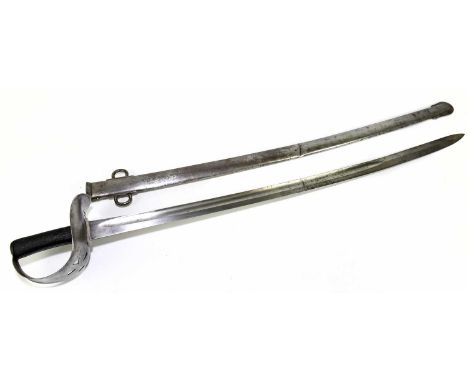 An 1864 pattern cavalry sword, with 89cm blade and pierced guard, steel scabbard, overall length without scabbard 103cm.Condi