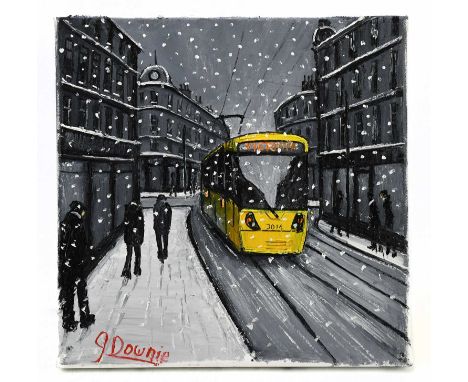 † JAMES DOWNIE (born 1949); oil on canvas, 'Tram to Victoria', signed, 30 x 30cm, unframed.Condition Report: Light wear to th