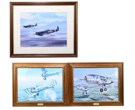 AFTER ERNEST NISBET; two prints, 'Hawk of Fury MKI' and 'Bristol Bulldog MKIIA, and a further print of Spitfires a B.G Price,