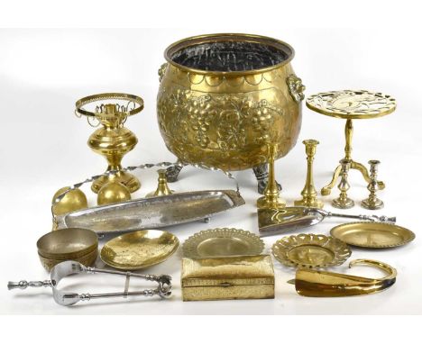 A collection of 19th century and later metalware to include a fire screen with embossed decoration of a tavern scene, height 
