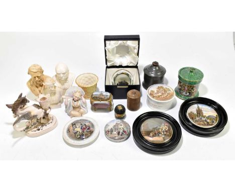 A miscellany of 19th century and later ceramics and decorative boxes, to include a chamber stick modelled as a griffin, three