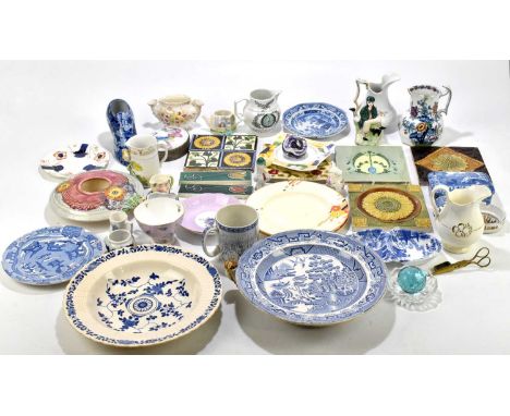 A quantity of decorative and sundry ceramics to include blue and white transfer plates, a Booth's Commodore jug, ceramic figu