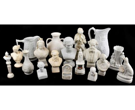 A collection of 19th century and later Parian and composite items to include a Robinson &amp; Leadbetter bust of Charles Dick