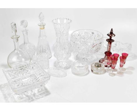 A quantity of glassware including Bohemian ruby decanter with stopper, three further decanters, various vases, bowls, etc.