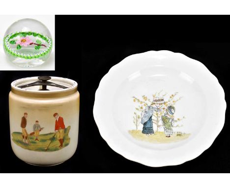 MEISSEN; a nursery plate decorated with two children picking fruit, cancelled cross swords mark to underside, diameter 19cm, 