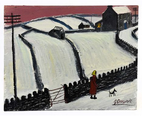 † JAMES DOWNIE (born 1949); oil on board, 'Moorland Road', signed, 28 x 36cm, unframed.Condition Report: Light wear to the ed