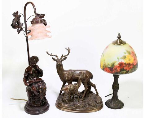 A reproduction Art Nouveau lamp with floral shade, together with a resin lamp modelled as a woman reading a book and a resin 