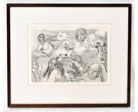 † PETER ABRAHAMS; a pencil signed limited edition print, ‘Interior with Figures, Lamp and Cat’, signed, 3/20, 33 x 42.5cm, fr