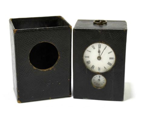 A 19th century leather cased travelling carriage clock, the enamelled dial set with Roman numerals above a smaller hour dial,