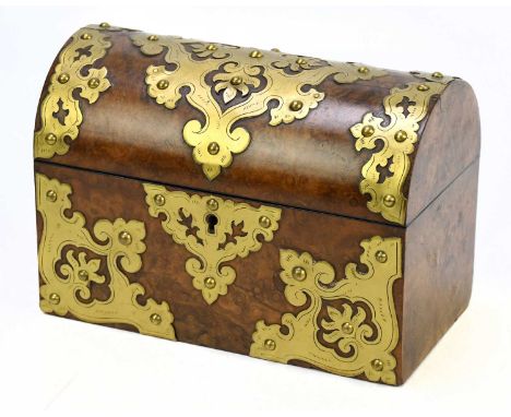 A Victorian brass bound walnut domed top box, with replacement lined interior, width 23.5cm, depth 13cm, height 16cm.Conditio