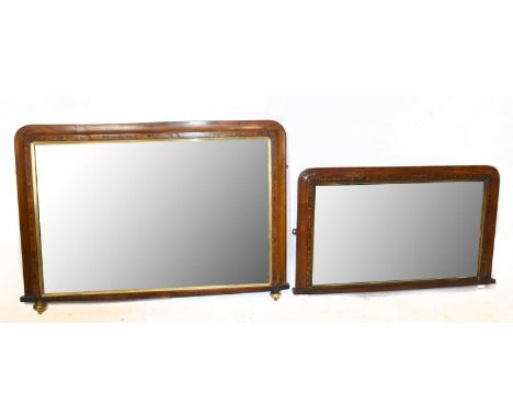 Two inlaid rosewood overmantel mirrors terminating on ceramic castors, the largest example width 104cm, height 72cm.